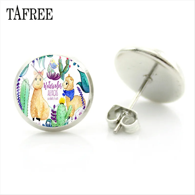 TAFREE, серьги-гвоздики из альпаки с изображением животных ламы, художественное изображение, стеклянный кабошон, очаровательные серьги для девочек и женщин, ювелирные изделия ручной работы, Gtifs YT13