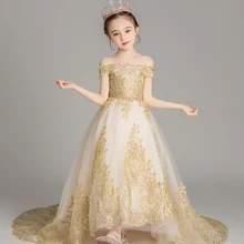 Свадебное платье с открытыми плечами для девочек; детское кружевное платье с золотыми блестками для вечеринки; платье для первого причастия; детское платье для крещения; Пышное Платье; платье с цветочным узором для девочек