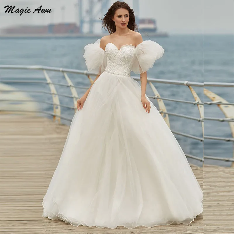 

Блестящие пляжные свадебные платья Magic Awn, свадебные платья со съемными пышными рукавами, Блестками, Бисером, сердечком, богемные свадебные платья принцессы 2021