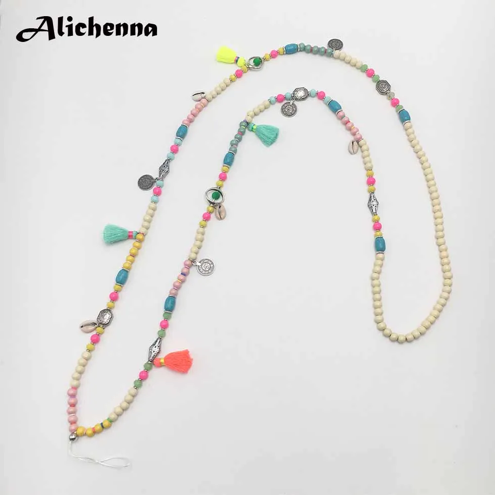 Массивное натуральное ожерелье из бисера для мобильного телефона, цепочка в стиле бохо, этнические, в стиле панк, деревянные бусины с кисточками, многослойное модное ожерелье