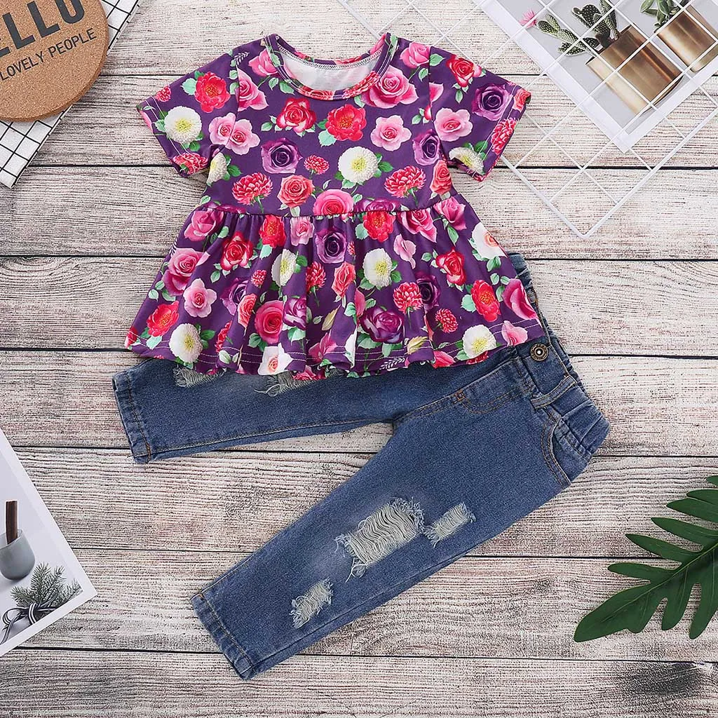 A Детская одежда для маленьких девочек; ropa niuna; одежда для новорожденных; топы с цветочным принтом; футболка; рваные джинсы; комплект одежды;#4 - Цвет: A