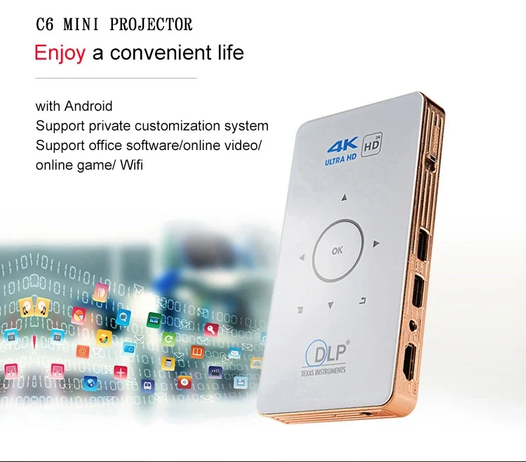 Mini projector C6 manufacture Portable mini Android 5.1 4K projector Amlogic S905 1000 lumens LED l