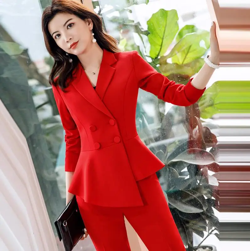 red-suits Женский красный Блейзер, тонкий, весна, осень,, элегантный, офисный, для девушек, костюм для работы, Раффлед, двубортный Блейзер, сплошной цвет - Цвет: red-suits