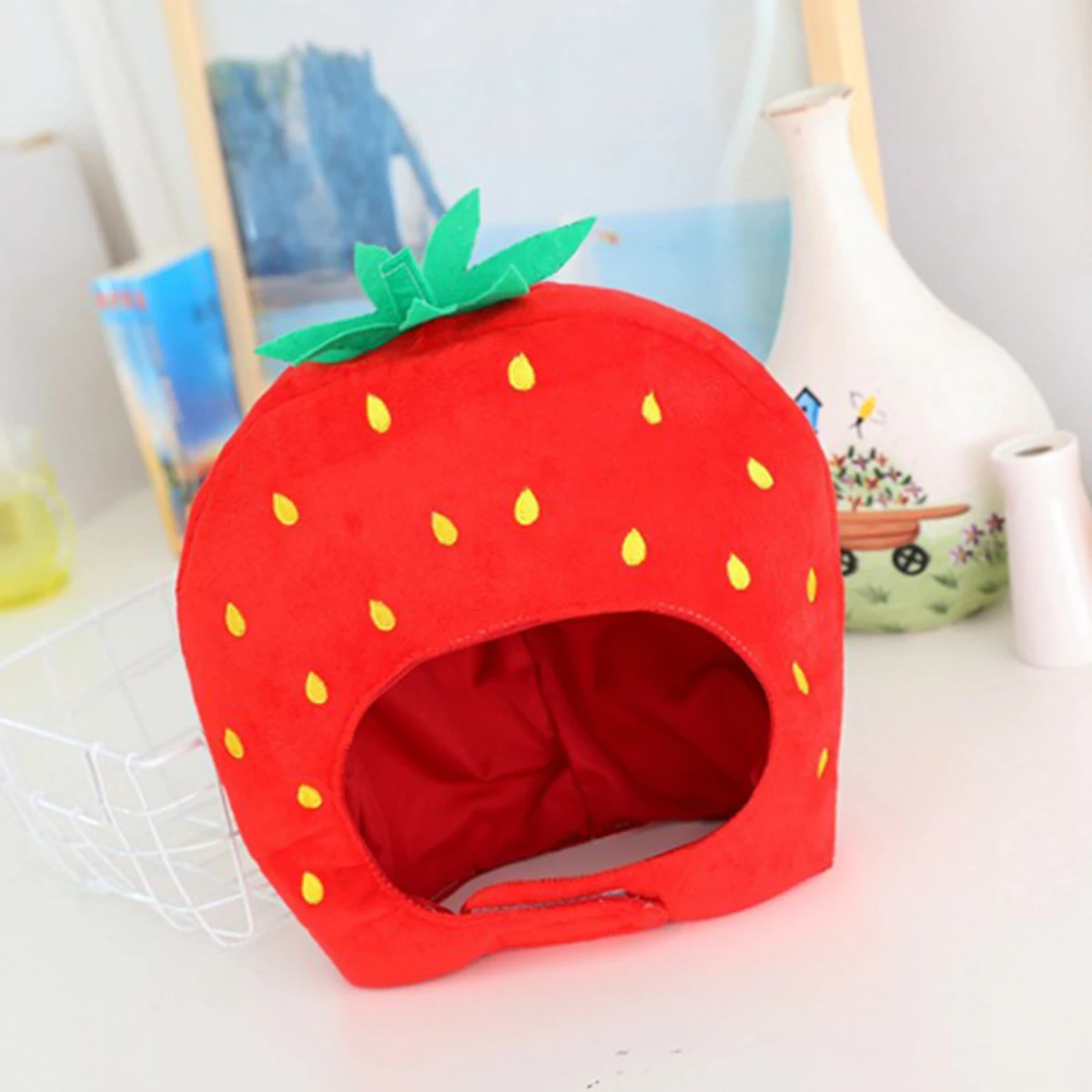 Breathable Cute Soft Red Fruit Strawberry Hat Funny Plush Hat Head Cover Cosplay Props For Halloween Christmas Party Game