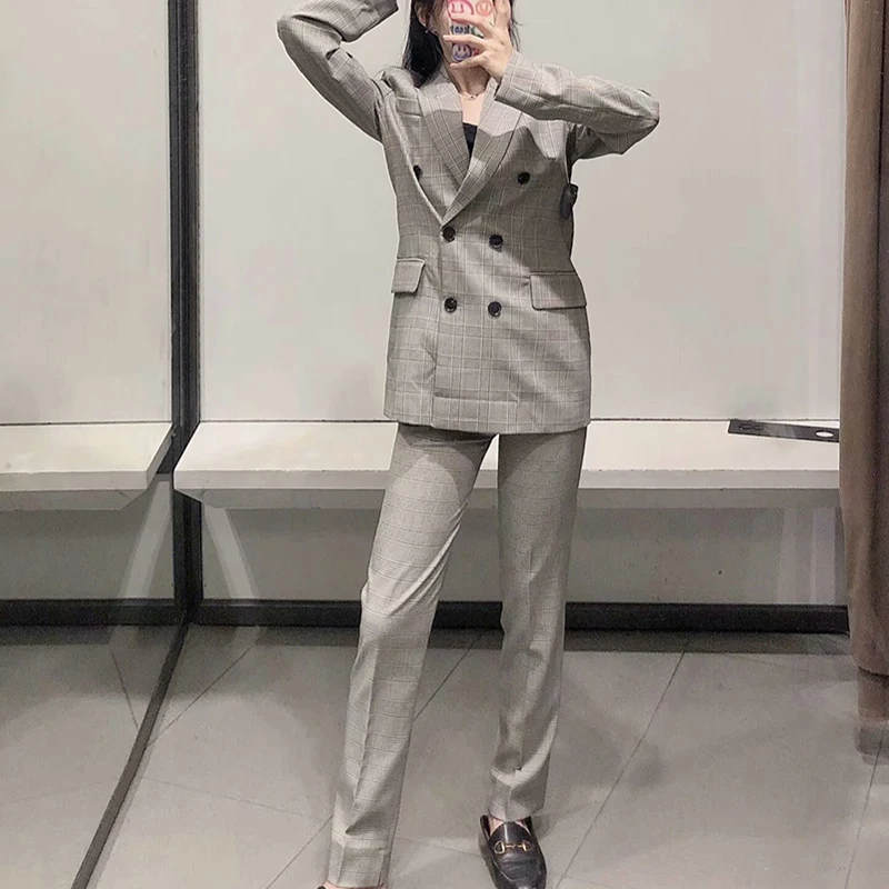 Spring Autumn Women Vintage Plaid 2 Pieces Set Elegant Office Blazer Jacket Coat+Zipper Pants Suit Female Loose Trousers Outfits