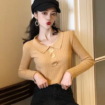 

2019 Simple Women Slim Sweater Turn-down Collar Long Sleeve Clothes Knitted Solid Elegant Pullover Sweaters