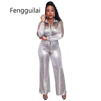 

Spring New Women Long Sleeve Turn Down Collar Wide Leg Pants Brozing Jumpsuit Sexy Club Night Party Rompers Drawstring Overalls