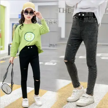 

2020 Summer Children Ripped Jeans For Kids baby Girls Fashion Elastic Waist Skinny Pants Elastic Jeans 7 8 9 10 11 12 13 14 year