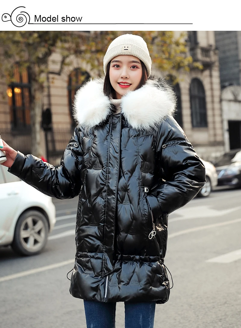 2020 Winter Long Shiny Jacket For Women Solid Plus Size Hooded Parkas Korean Style Fur Collar Thick Outwear Coats Chaqueta Mujer