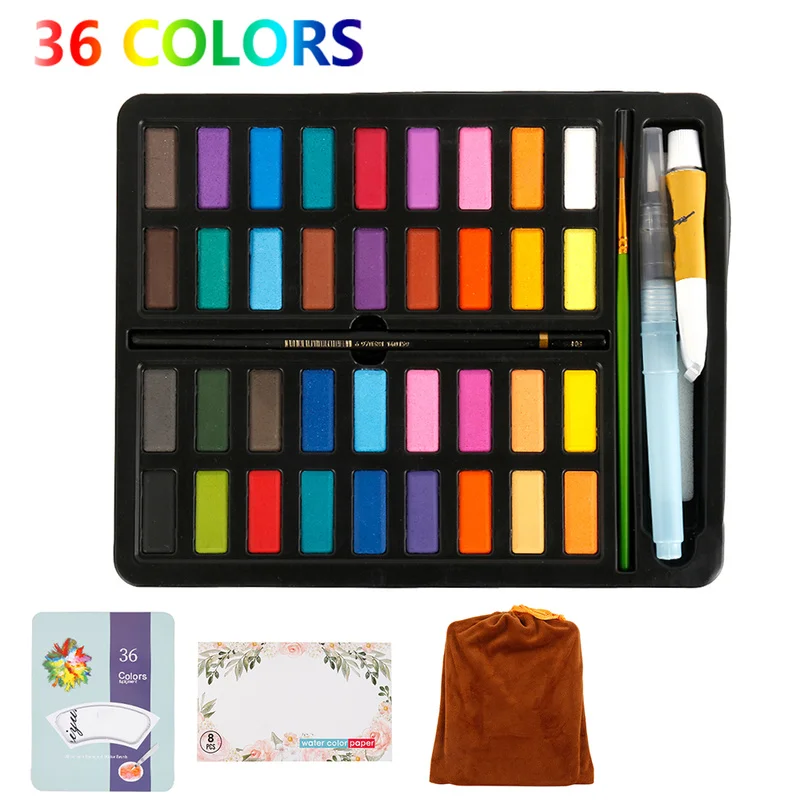 

36Colors Watercolour Paint Set With Water Brush Pen Student Artist Professional Painting Pigment For Drawing Art Portable