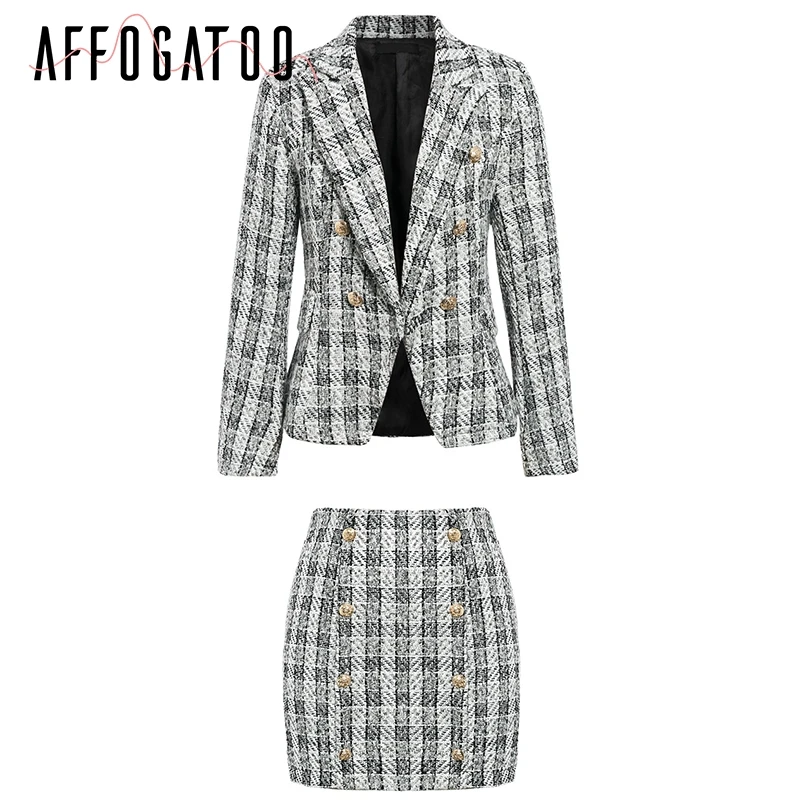 two-piece set Afogatoo Повседневный клетчатый твидовый Двухсекционный Блейзер и юбка костюмы женские наборы элегантные костюмы женские шикарные офисные женские блейзеры и юбки костюмы - Цвет: two-piece set