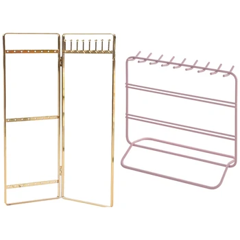

Double Panel Jewelry Display Rack Hanging Earrings Stand Jewelry Organizer with Iron Art Pink Makeup Organizer