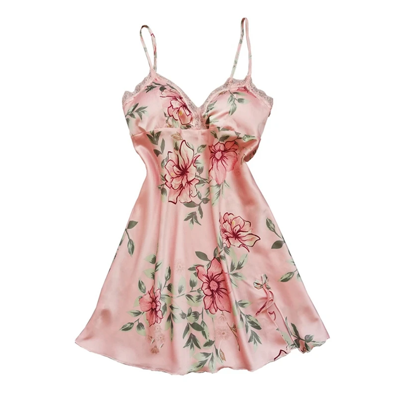 Sexy Thin Floral Print Sleepwear Women Ladies Sleeveless Nightwear Nightgown Nightdress Sexy Lingerie with Chest Pads Sleepwear