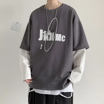

Men's long-sleeved T-shirt 2020 autumn and winter new fake two-piece splicing pullover young people fashion trend clothing
