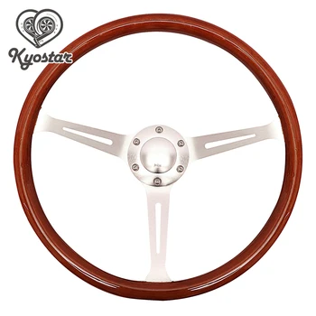

Real Wood Steering Wheel Universal 380mm 15" Race Car Vintage Classic Wooden Grain Brushed Chrome Spoke Steering Wheel