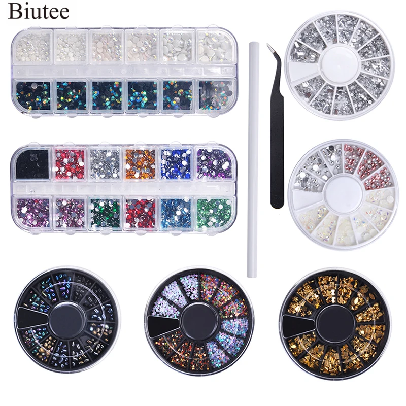 

Biutee 9pcs/Set 3D Nail Art Rhinestone Set 2boxes+5 Wheels Nail Crystals Glitter Rhinestone Nail Kits Set Pencil Nail Decoration