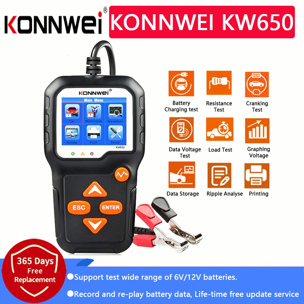 KONNWEI KW650 Automotive Tester Digital Led Display Car battery Support 12V 6V Motorcycle Battery Tool Checking Quick | Автомобили и