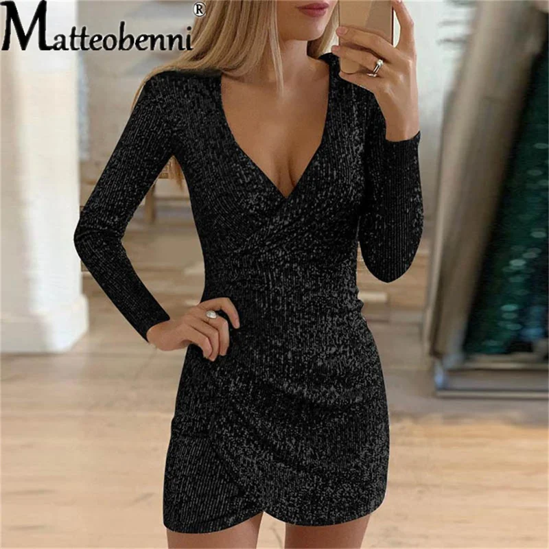 Fashion Sexy Dress Summer Autumn Women's V-Neck Buttock Irregular Short Dress Sequin Tight Dress Party Dress Elegant Vestidos