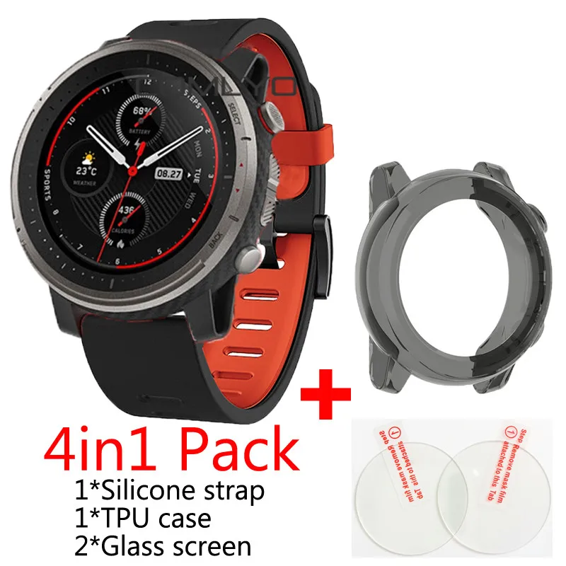 Correas de muñeca 4 en 1 para huami Amazfit Stratos 3, Correa deportiva de  silicona para xiaomi Stratos 3, funda de TPU, protector de pantalla de  cristal|Accesorios inteligentes| - AliExpress