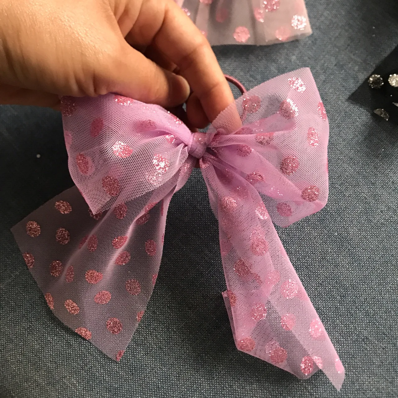 Free shipping sequins mesh bow ribbon Children's hairties girl's rubber band kid's hair bands Ponytail Holder Hair accessories