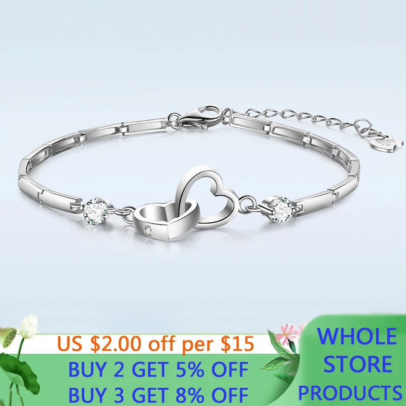 New 925 Sterling Silver Heart To Heart Bracelet Fashion Female Models Cute Vintage Wild Super Flash White Crystal Jewelry SL147