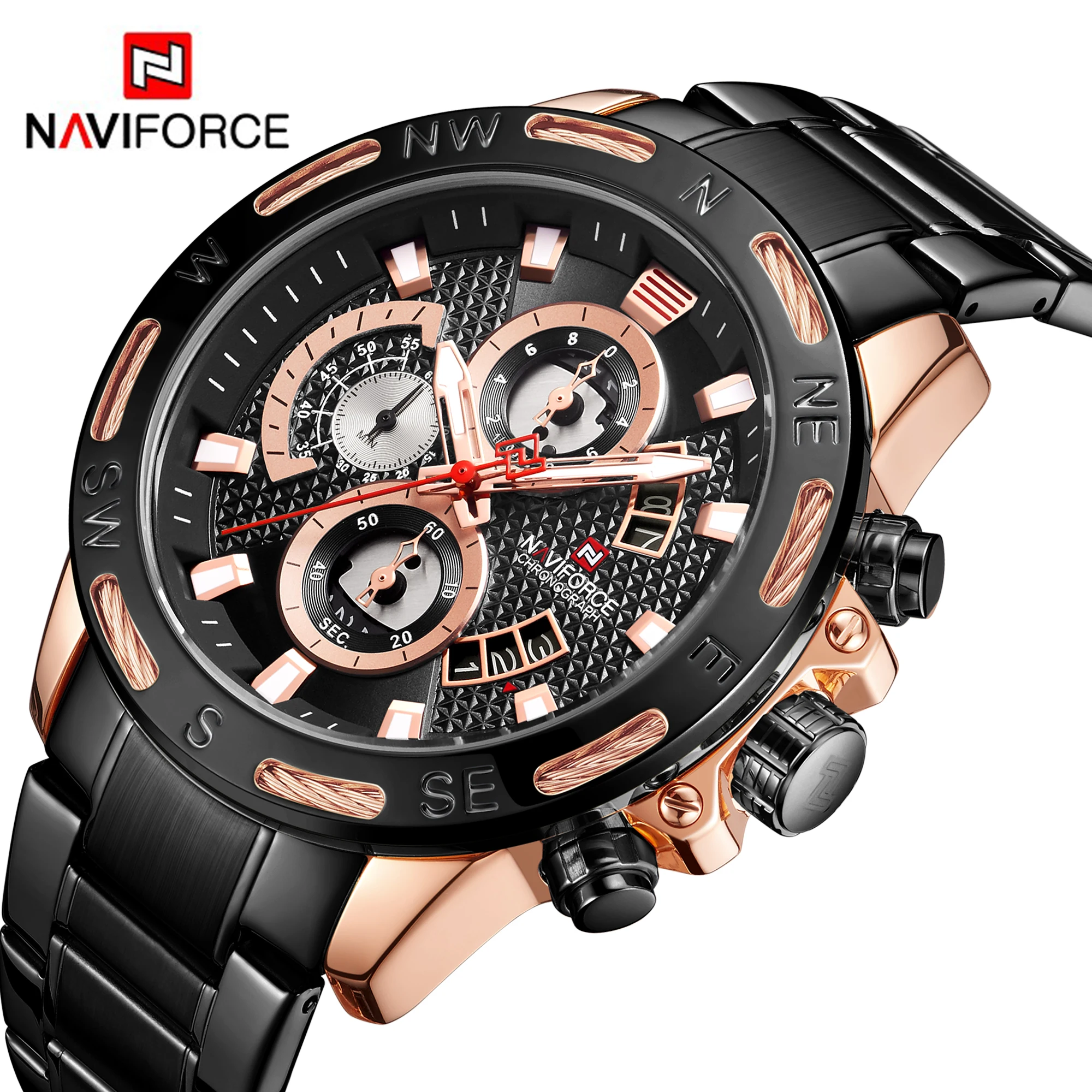NAVIFORCE мужские часы Топ бренд класса люкс черный стальной ремешок кварцевые