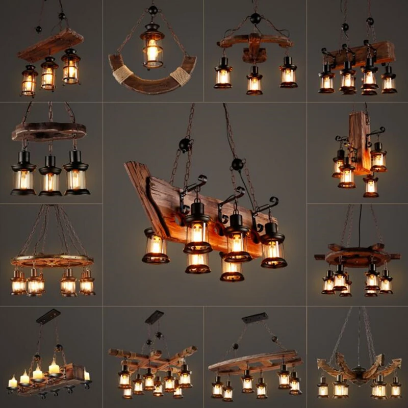 Antique Industrial Retro Wood E27 LED Ceiling Chandelier Lightin Creative LOFT Bar luminaire Vintage Pendant Lights lustre flush ceiling lights