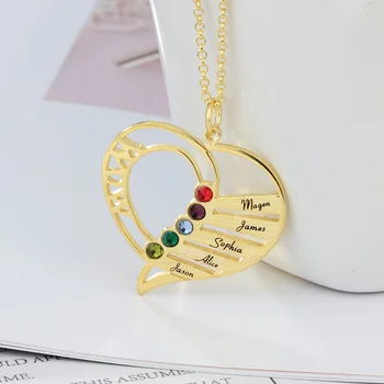 

Personalized Birthstones Heart Necklace Custom Engraved Mom Family Necklaces Chain With 5 Names Jewelry Gift For Mother Grandma