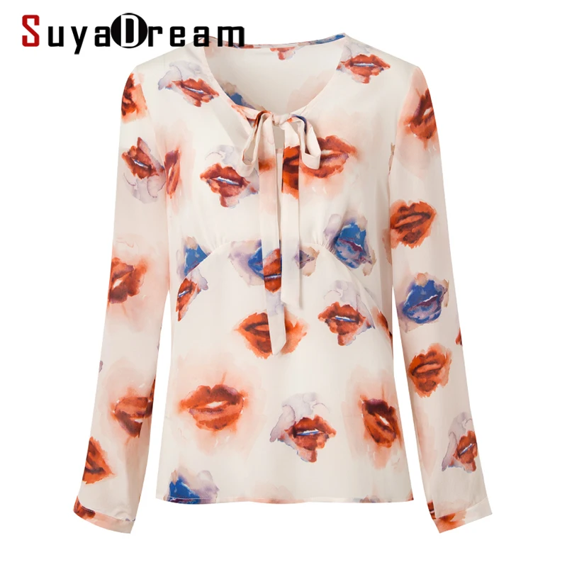 SuyaDream, женская блузка с принтом, натуральный шелк, длинный рукав, розовый бант, воротник, офисные блузки,, осенняя рубашка