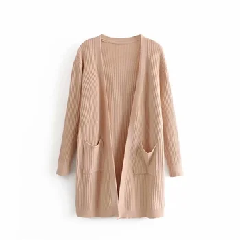 

Fall 2019 Women's New Lazy and Loose Temperament V-collar Literary Pocket Decorated Knitted Open-top Long Sweater