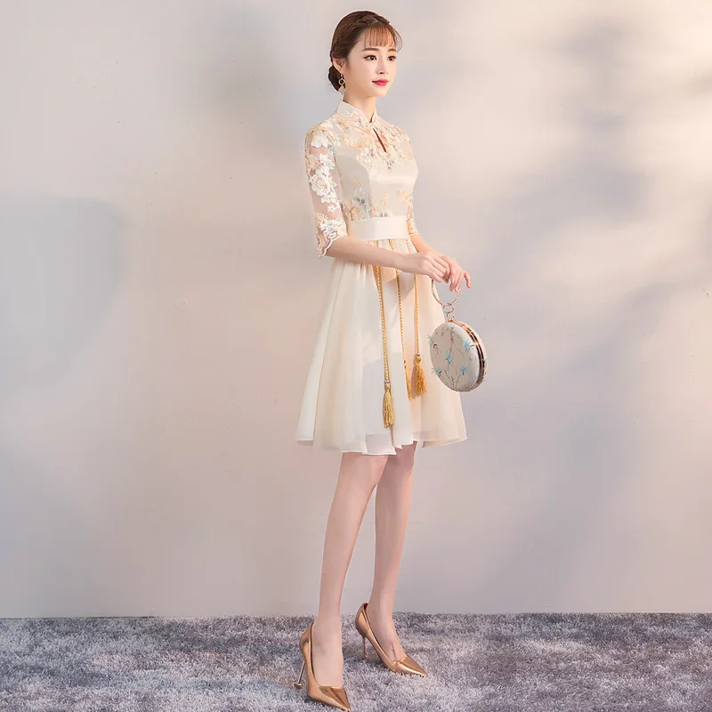 Винтажное платье на пуговицах с кисточками, женское платье Chongsam цвета шампанского, Qipao, Классическое женское платье с цветами, платье для выпускного, qipao, размер S-3XL