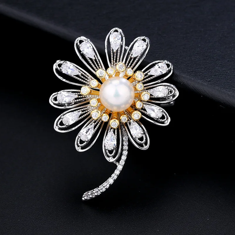 Golden daisy corsage high-grade female natural freshwater pearl brooch woolen coat chain dual-purpose luxury pin | Украшения и