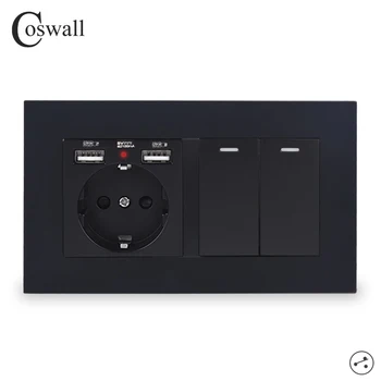

COSWALL EU Russia Spain Wall Socket With 2 USB Charge Port + 2 Gang 2 Way Pass Through On / Off Light Switch Switched PC Panel