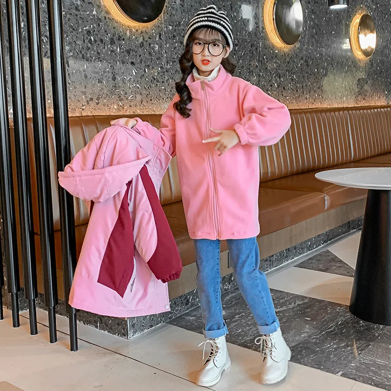 

Girls Winter Windbreaker Fleece Coat+outerwear 2pcs Children Leisure Outdoor Sportswear Autumn Stormbreaker Chaqueta Size110-160
