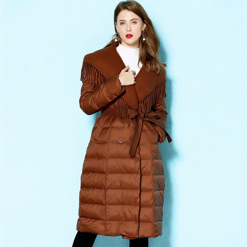 Зимний Тонкий индивидуальный длинный пуховик с капюшоном женский съемный теплый