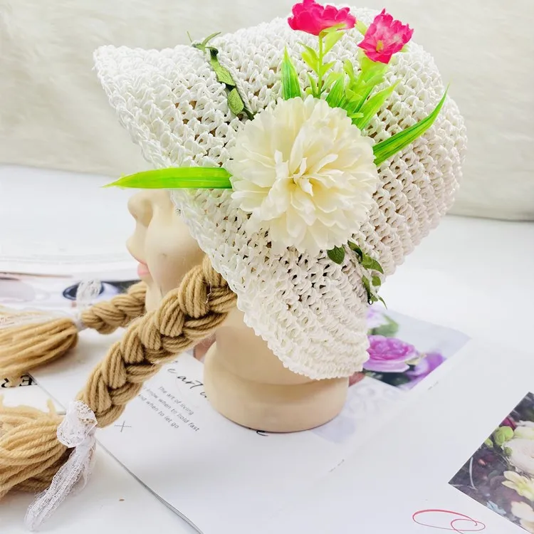 Spring Summer Baby Kids Girl Sun Block Hat Beach Hair Pigtail Braid Wig Cap Children Girls Flower Straw Hat Cap New Arrivals
