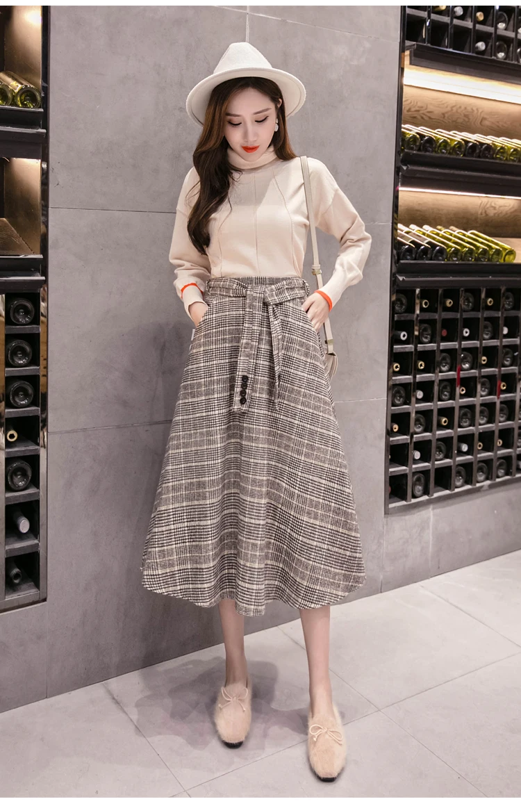 Vintage Womens New Skirts High Waist Solid Color Pleated Solid Color Long Skirt Autumn Fashion Female Skirts