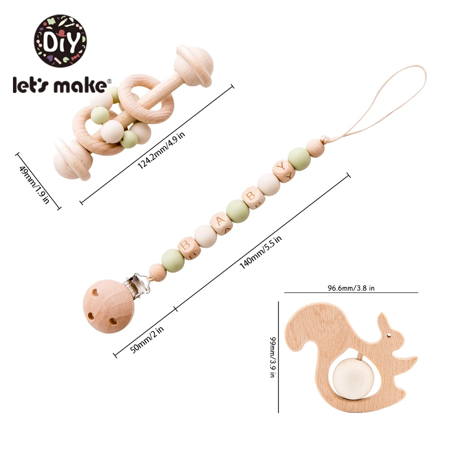 Let's Make 3pc/set Baby Pacifier Chain Holder Foer Nipples Beech Wood Baby Rattle Crib Mobiles Stroller Accessories Baby Toys