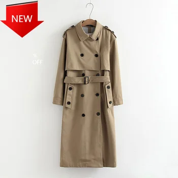 

double breasted outwear fashion sashes office coat chic epaulet design long trench Vee Top women casual solid color