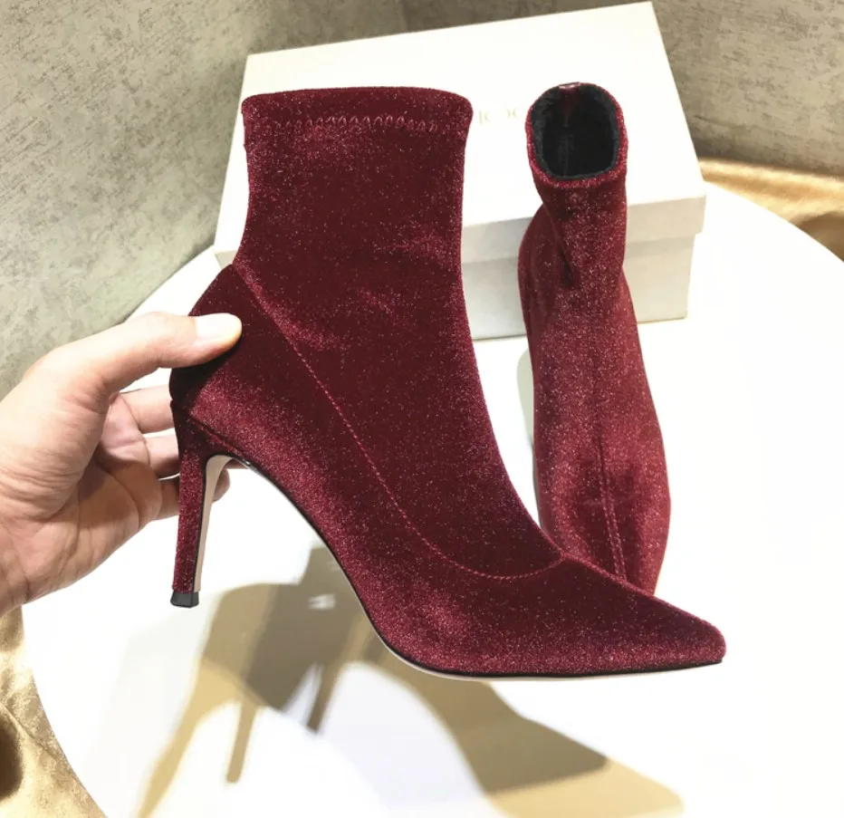 

Free shipping fashion Casual Designer black red velvet Stretch Fabric point Toe High Heels ankle short boots shoes hot sale