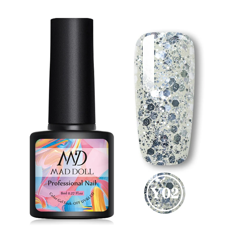 Y02 MAD DOLL, 1 бутылка, 8 мл, Гель-лак для ногтей, золотой, розовый, фиолетовый цвет, яркие блестки, УФ-лак для ногтей, Гель-лак для дизайна ногтей - Цвет: Y02