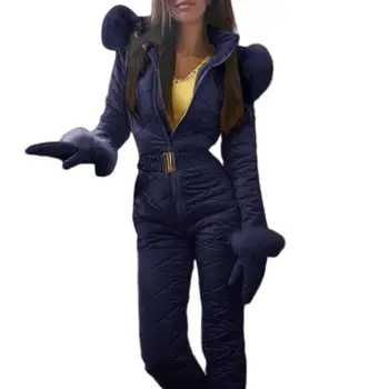 

Women's Winter Thick Hooded Jumpsuit Straight Warm Fur Collar Solid Color Casual Parkas Female Snow Onesies Jumpsuit Suits