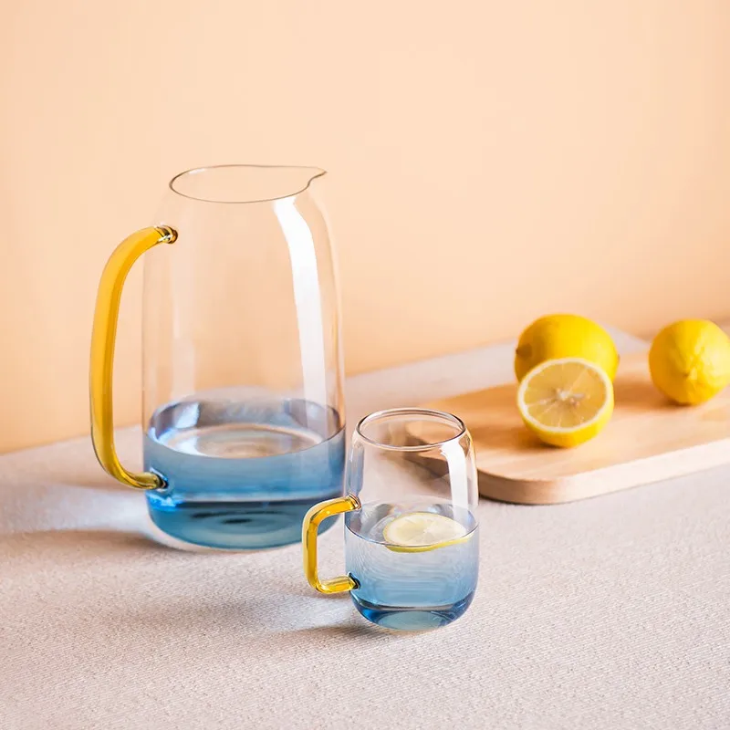 JINYOUJIA-Nordic Style Heat Resistant Glass Kettle Set, Water Juice Jug, Gradient Blue Color, Food Grade Silicone Lid