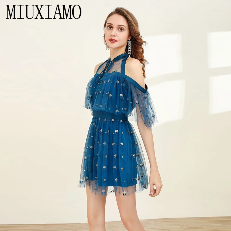 MIUXIMAO, высокое качество,, весеннее платье, Цветочная вышивка, короткий рукав, элегантное, синее, Повседневное платье для женщин, vestidos с бантом