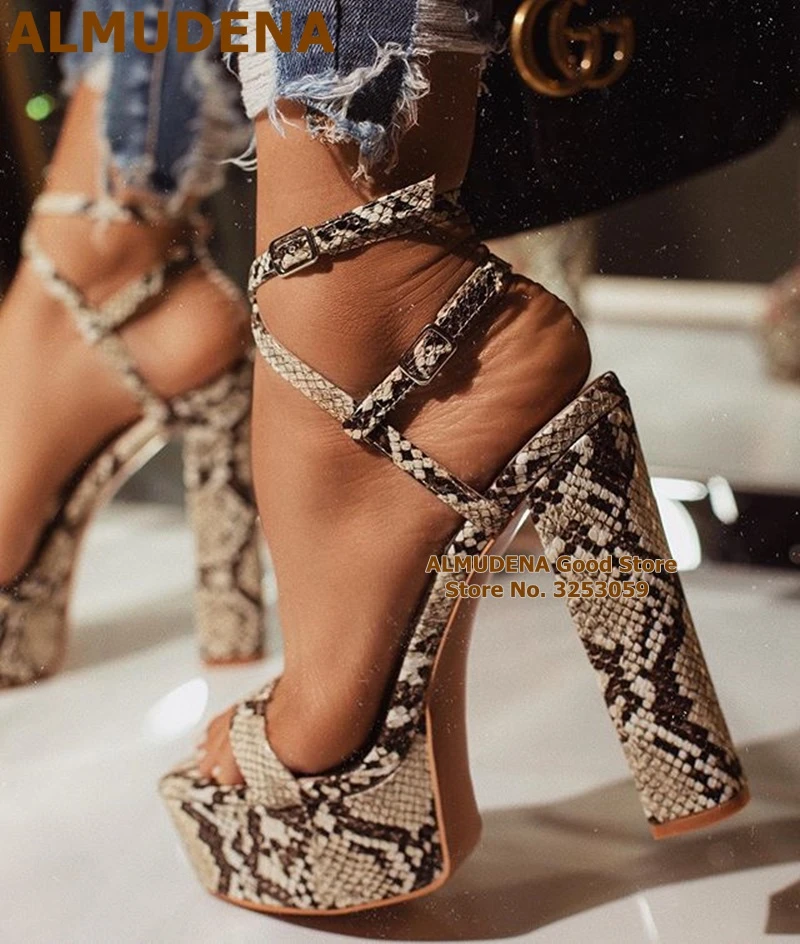 ALMUDENA Sandalias de plataforma de piel de serpiente para mujer, zapatos tacón grueso con hebilla y Correa, de tacón fiesta de noche, talla 47|Sandalias de mujer| - AliExpress