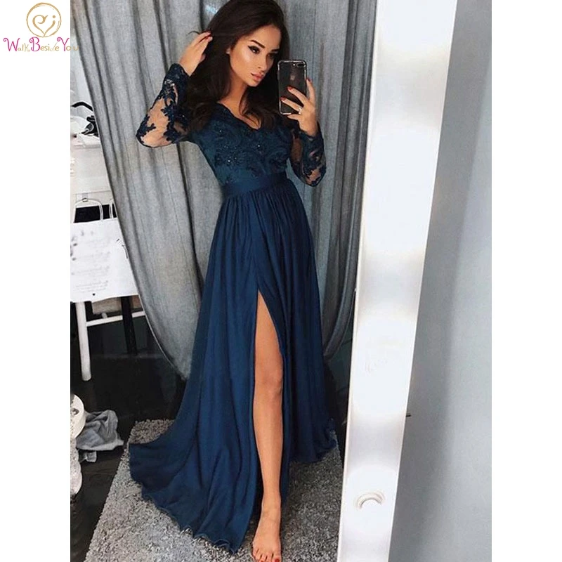 

Navy Blue Evening Dresses Elegant A-Line V-neck Long Sleeve Sweep/Brush Train Applique With Ruched Satin Chiffon Prom Gowns