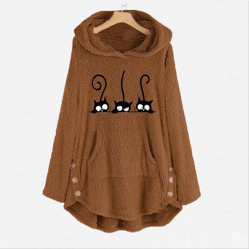 

Oversized Women Plush Hoodies Kawaii Embroidery Cat Warm Fleece Hoodie Button Autumn Winter Long Sleeve Ladies Hooded Sweatshirt