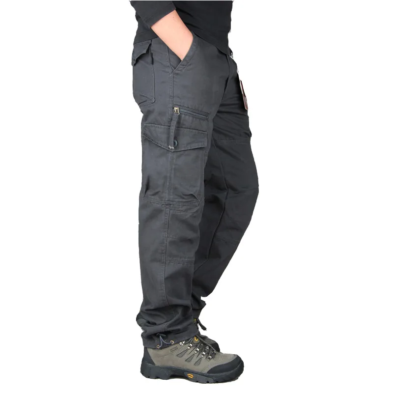 Брюки-карго, мужская верхняя одежда с несколькими карманами, тактическая группировка сухопутных сил прямые брюки, комбинезоны, карман на молнии, Мужские штаны - Цвет: Серый