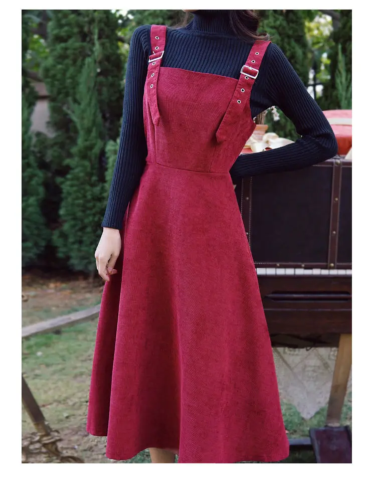 Sleeveless Dress Women Corduroy Preppy Style Suspender Dresses Womens Retro Chic Fashion All-match Ins Autumn Clothing Outdoor black dress