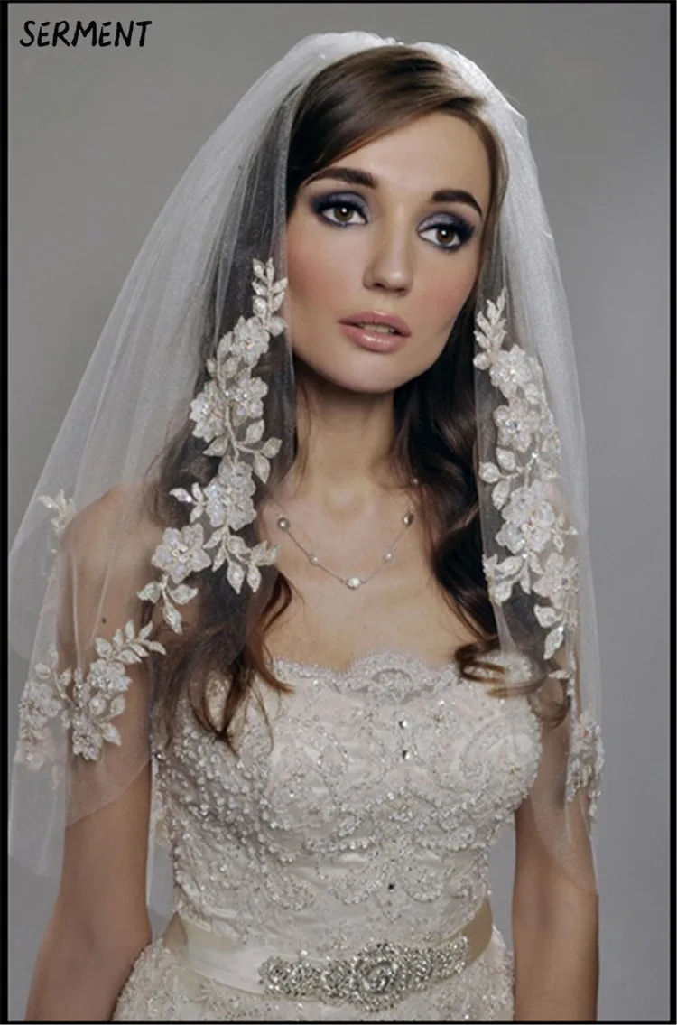 SERMENT Short Double-layer Exquisite Silver Thread Flower Pearl Band Hair Comb Bridal Veil One-Layer 130cm Wedding Accessories